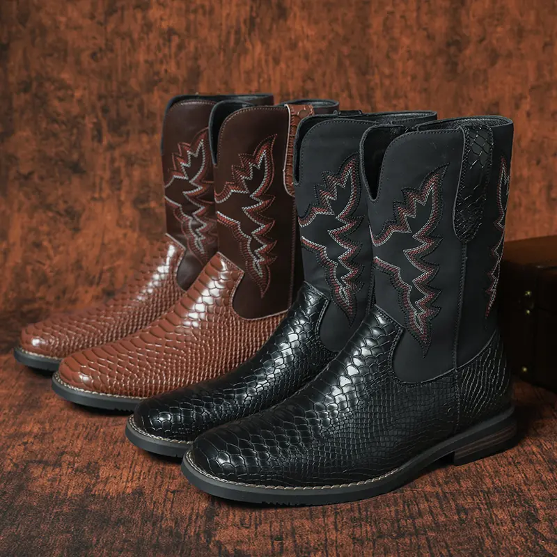 Men’s Waterproof Embroidered PU Leather Western Cowboy Mid-Calf Boots - Square Toe, Zip Fasten, Retro Shaft, All-Season Casual Tall Boots