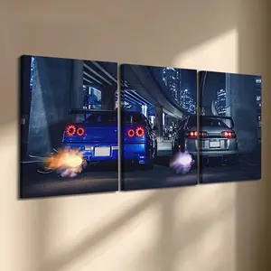 3 Pcs/Set Wooden-Framed Canvas Painting Car Pattern, JDM Sports Car Triptych Canvas Wall Art, Night Exhaust Flames Print for Living Room, Bedroom & Man Cave, Garage, Office Decoration, Modern Home Decor, Fashion Artistic Ornaments, Artwork