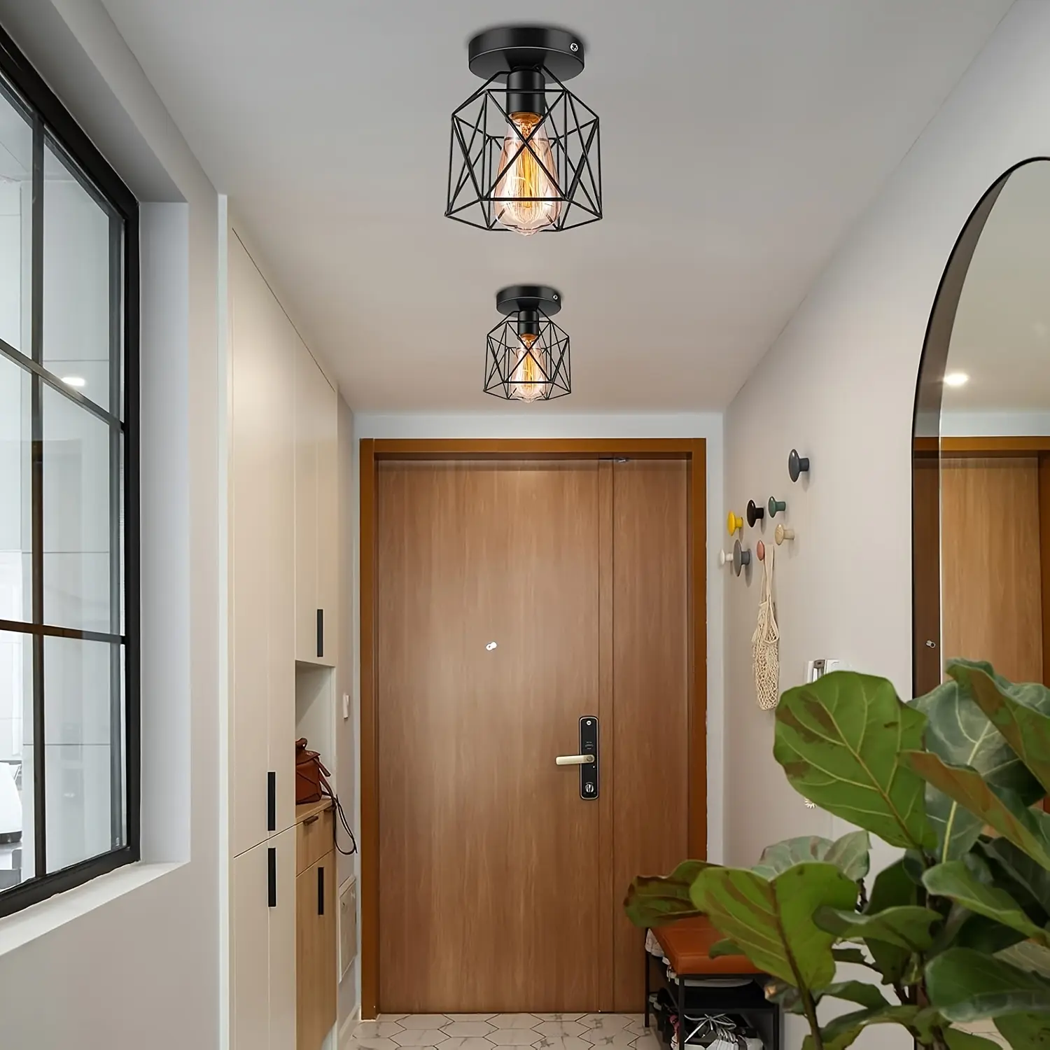 2-Piece Industrial-Style Lighting Set - Black Flush Mount Ceiling Light & Wall Sconce with Vintage Metal Mesh Shades, E26/E27 Base, Farmhouse Lighting to Light Up Your Space for Porches, Kitchens, Entryways