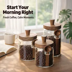 Eco-Friendly 3-Piece Honey Pot Set Airtight Glass Coffee Jar with Wooden Lid & Spoon for Fresh Storage of Coffee Beans Sugar Snacks Minimalist Pantry Decor Ideal for Home Use Mother's Day gift Containers