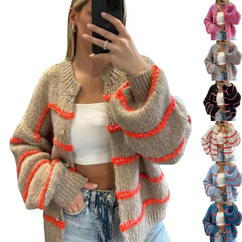 SCUSTY Womens Open Striped Cardigan Sweaters Casual Front Long Sleeve Button Down Knit Outwear Winter Cute Knitted Fabric Spandex Comfy Fit