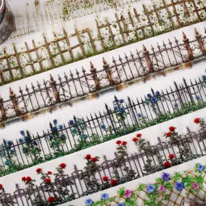 6 rolls 12m vintage fence tape with plant flower, fence theme, vintage style, PET waterproof material, self adhesive, DIY scrapbook journal decoration tape