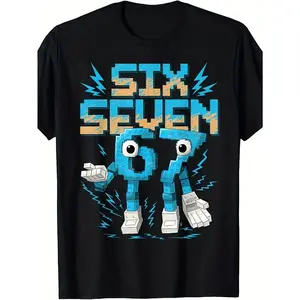 Funny Six Seven 6 & 7 Italian Brainrot Meme T-Shirt - 8-Bit Number 67 Design, Casual Short Sleeve Round Neck Tee for,, & Kids - Math Joke Graphic Top for Wednesdays, & Gaming Events