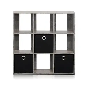 9-Cube PU Laminated Wood Bookshelf - Indoor Shelving Unit with Foldable Drawers and Bins, 7.9x26.5x26.7in, for Living Room, Bedroom, Decor, French Oak Grey/Black
