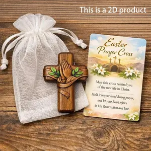 Wooden Prayer Bag Cross Gift Set, Handheld Wooden Cross, Natural Prayer Bag Cross Pendant with Christian Encouragement Card, DIY Decorative Cross Craft Kit, Religious Supplies