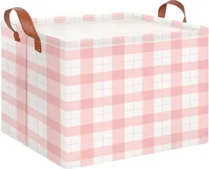 Rectangular Storage Basket,Collapsible Cute Pattern Storage Bin,Waterproof Books Box with Handles,Gift Basket(Pink Grid)