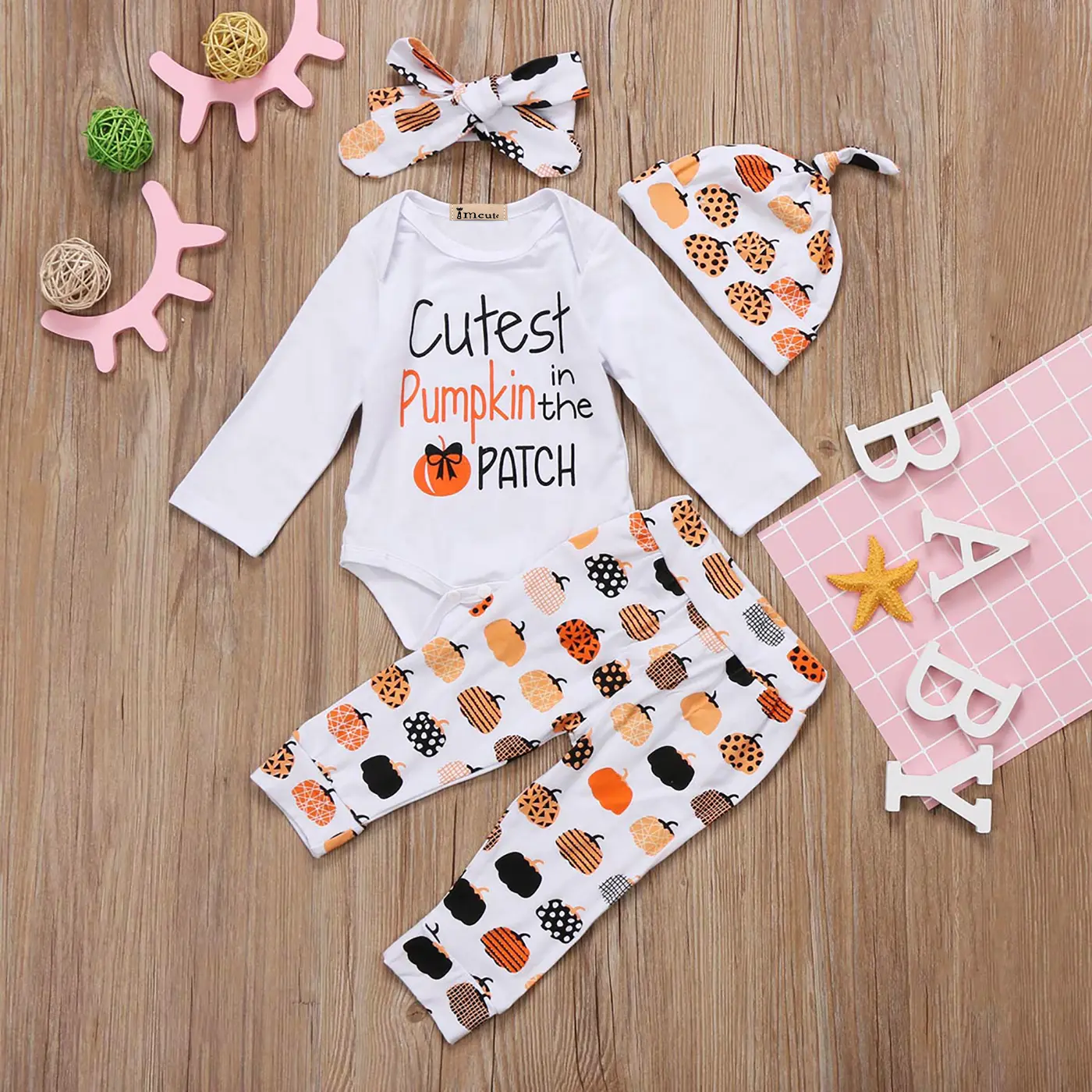 Newborn Baby Halloween Clothing, Letter Print Romper+Long Pants+Pumpkin Hat+Printed Headband