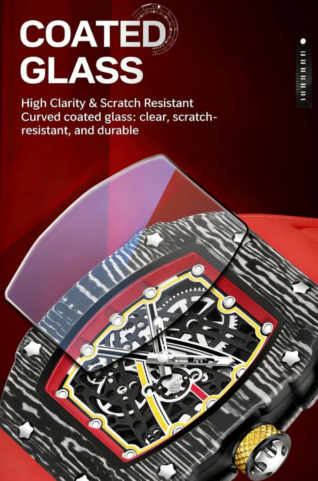 Fashion Skeleton Quartz Watch for Men, Carbon Fiber Design, Red Silicone Band, Perfect for Daily & Sports