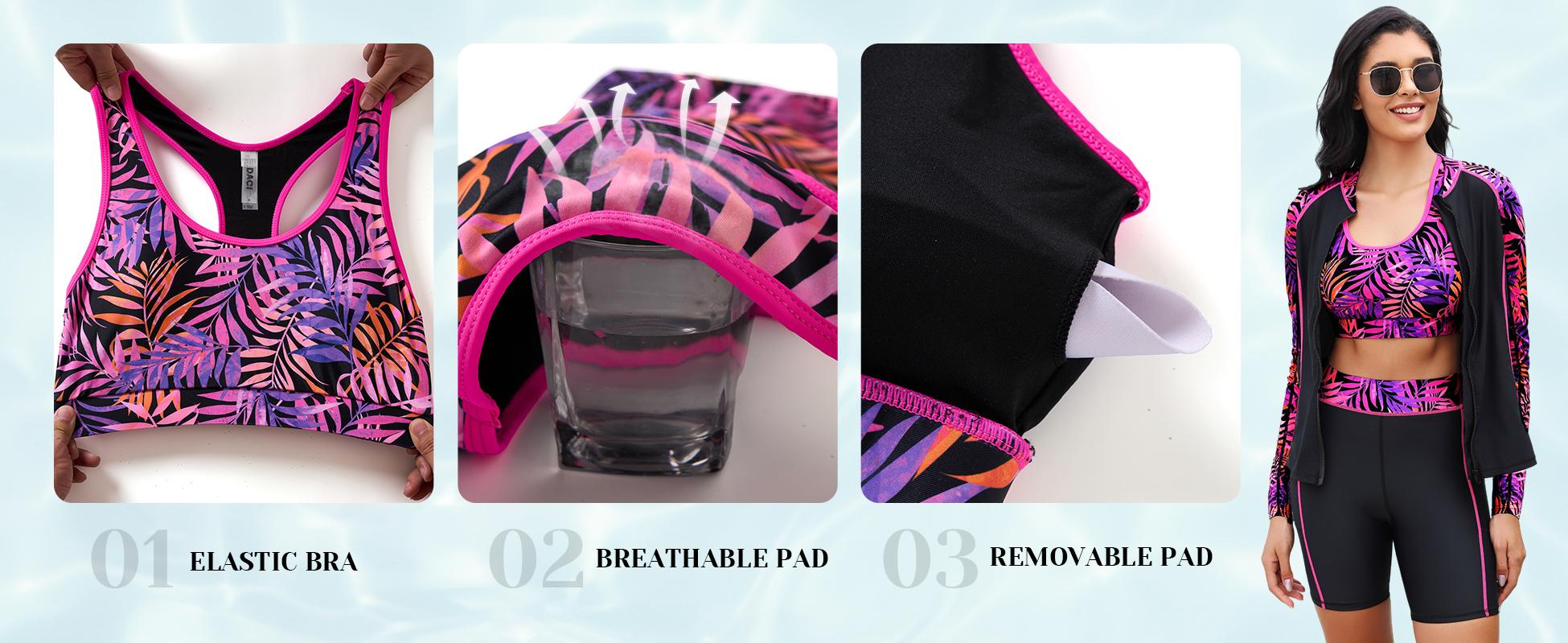 Daci Women Three Piece Rash Guard - Long Sleeve Zip up Swim Shirt Sports Bra Modest Swimsuit with Shorts