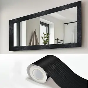 1 Roll (393 Feet Length) Removable Self-Adhesive Wood Grain Wallpaper Mirror Frame Border | PVC Black Frame with White Glossy Finish, Easy to Install/Remove, Suitable for Bathroom, Windows, Door Decor & Paintable Surfaces, DIY Wall Mounted