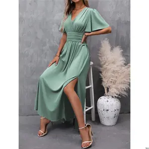 Dress Ruffle V Color Solid Women Clasi tiktok s - Neck Sleeve Short Maxi Outfit