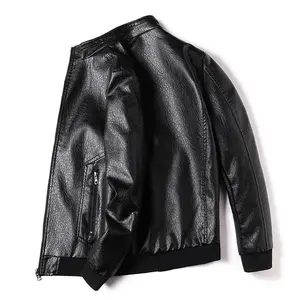 Men's Faux Leather Bomber Jacket - Sleek Design Soft Feel Easy to Style Casual Menswear Beige Plain Long Sleeve Coats Tops