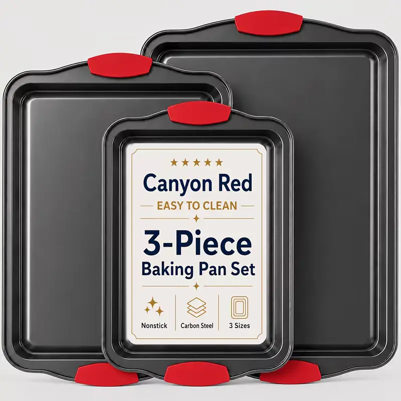 3pcs Nonstick Carbon Steel Oven Baking Pans Set With Detachable Silicone Handles, Premium Non-Stick Steel Bakeware Set, Commercial Grade Restaurant Quality Rimmed Sheets, Easy-Clean Baking Trays For Cookies, Pizza, Cake & Home Kitchen Use