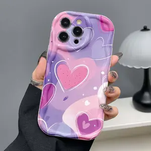 A soft rubber cream-colored anime heart print phone case suitable for Apple 11, 12, 13, 14, 15, 16 ,17Pro Max, as well as  A05, A15, A25, A35, A55, S23, S24 Ultra series