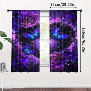 2-Piece set, 2D flat, bright purple floral butterfly pattern semi-blackout curtains for privacy, suitable for bedroom, living room study and glass door home decoration, machine washable, suitable for Christmas day curtains