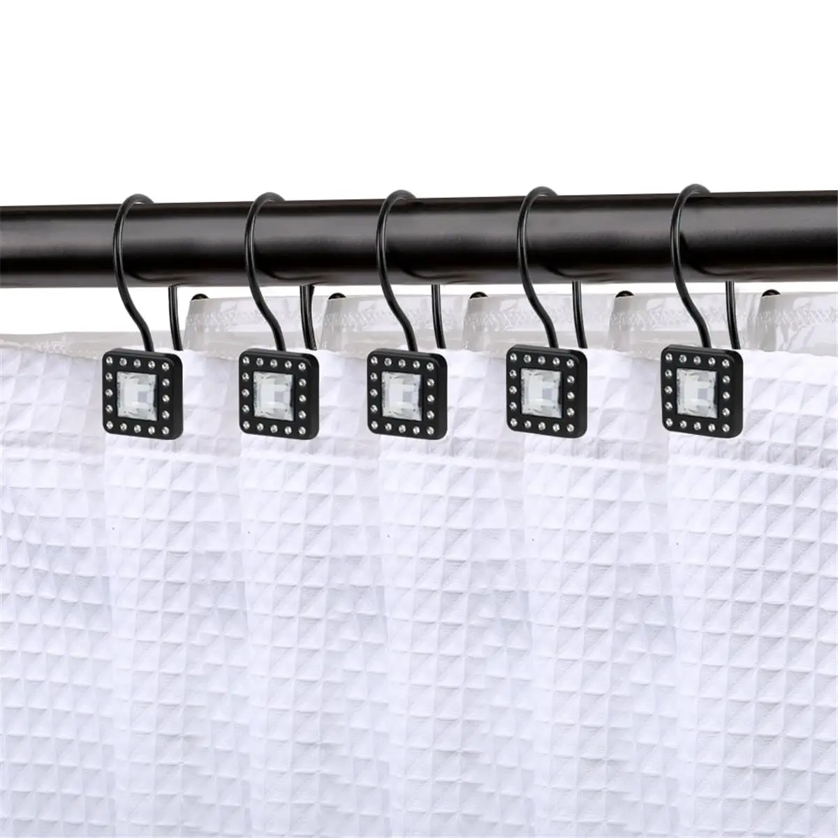 212 MAIN Crystal Design Double Hook Shower Curtain Rings - Rust-Resistant Matt Black Metal Rust-Free Towel Holders, 3.22x2.65 in, Set of 12, Bathroom Home Supplies