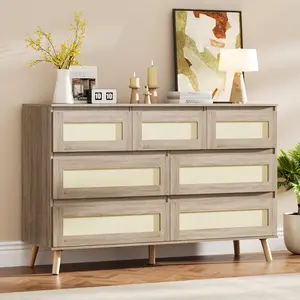Rattan 7 Drawer Dresser for Bedroom, Modern Farmhouse Chest of Drawers, Wooden Storage Cabinet with Ample Space, Versatile Organizer for Nursery, Entryway & Living Room, Natural Finish