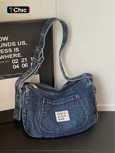 Large capacity casual versatile crossbody bag washed denim simple versatile shoulder bag daily outdoor commuting armpit bag shopping sports bag