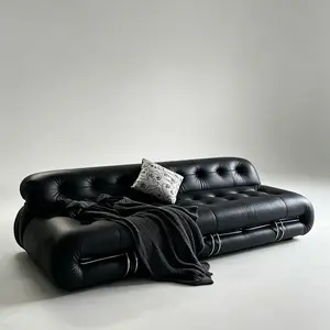 3 Seater Tufted Genuine Leather Sofa, Vintage Mid-Century Modern Couch with Metal Ring Side Detail, Low Profile Black Leather Sofa for Living Room