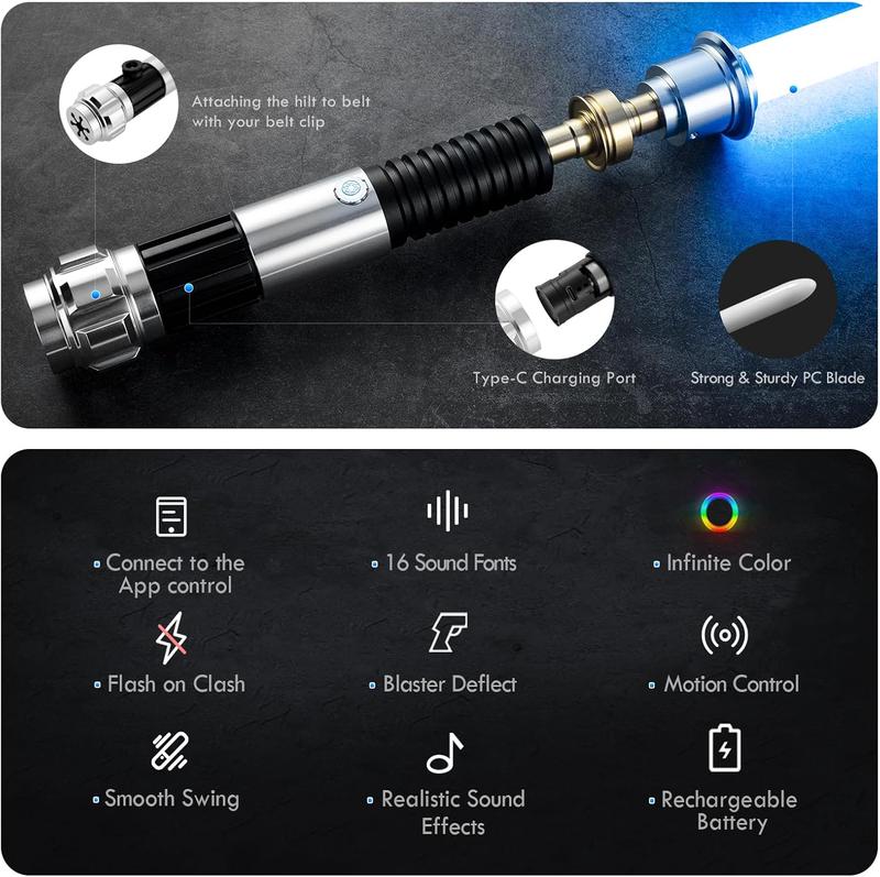 Obi-Wan Lightsaber with 16 Sound Effects RGB Lighting Modes Metal Hilt Rechargeable for Role-Playing Family Entertainment Orange Duel Cosplay Sword Epic Toys Medieval Collectible 92cm PC Blade High Impact