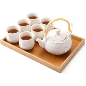 Japanese Tea Set, White Porcelain Tea Set with 1 Teapot Set, 6, 1 Tea Tray, 1 Stainless Infuser, Cute Asian for Adults/Tea Lover//Men (Plum in Golden)