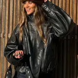 【Black Friday】Women's Faux Leather Stand Collar Moto Jacket, Elastic Hem, Casual Long Sleeve Waterproof Windproof Outerwear for Spring & Fall, Ladies Clothes for Daily Wear, Streetwear
