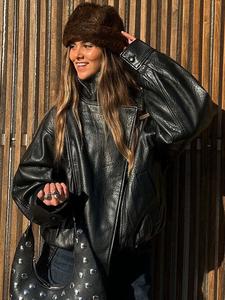 black faux leather jacket stand collar oversized moto biker jacket elastic hem streetwear casual long sleeve waterproof windproof outerwear for spring & fall, ladies clothes for daily wear