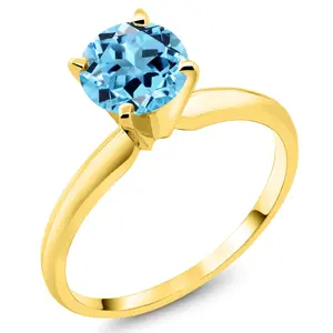 Gem Stone King 14K Yellow Gold Swiss Blue Topaz Solitaire Engagement 4-Prong Ring For Women | 1.00 Cttw | Round 6MM | Gemstone November Birthstone