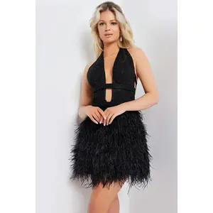 Jovani -22387 Feather Skirt Halter Neck Homecoming Short Dress