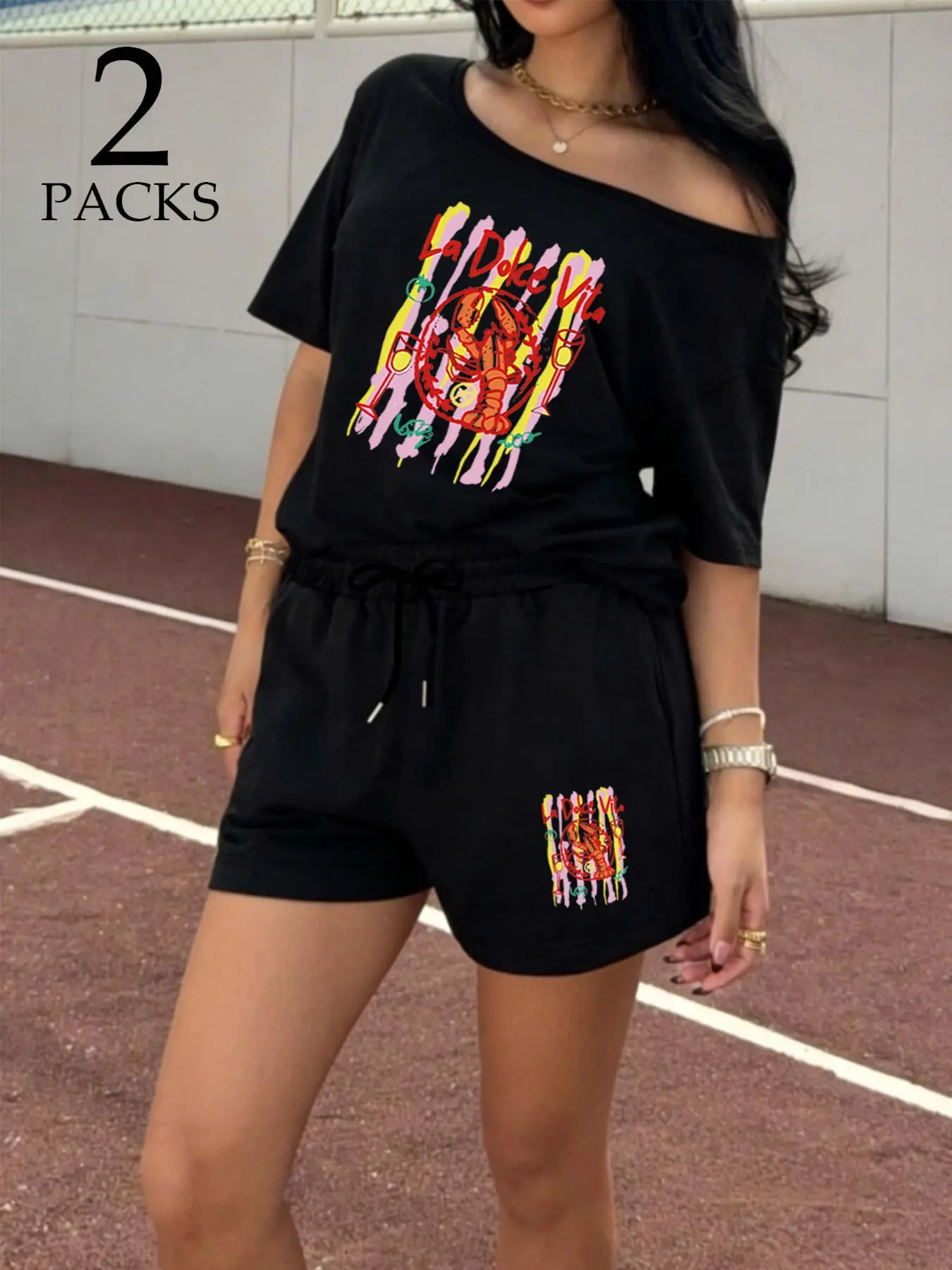 Women's Tiktok Hot 2-Piece Set, La Dolce Vita Lobster Print, Asymmetrical Loose Knit T-Shirt + Drawstring Shorts, Y2K Glam Style, Summer