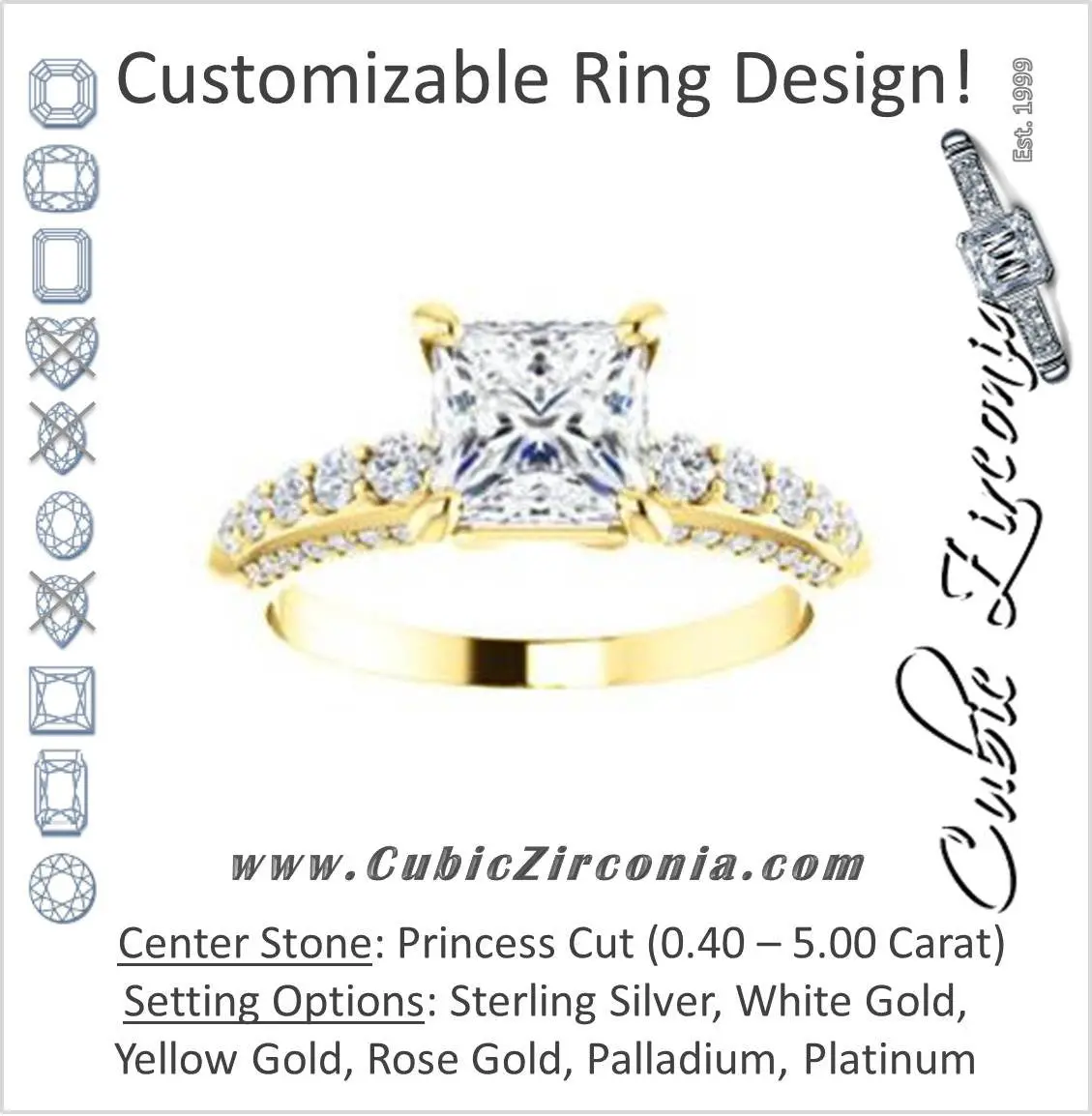 Cubic Zirconia Engagement Ring- The Rachelle (Customizable Princess Cut with 3-Sided Round Prong Side Stones)