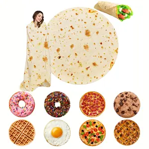 Food Pattern Blanket, 1 Count Funny Burrito Round Blanket, Novelty Food Round Flannel Wrap Blanket for Bed, Sofa, Car, Camping and Travel, Portable Throw Blanket