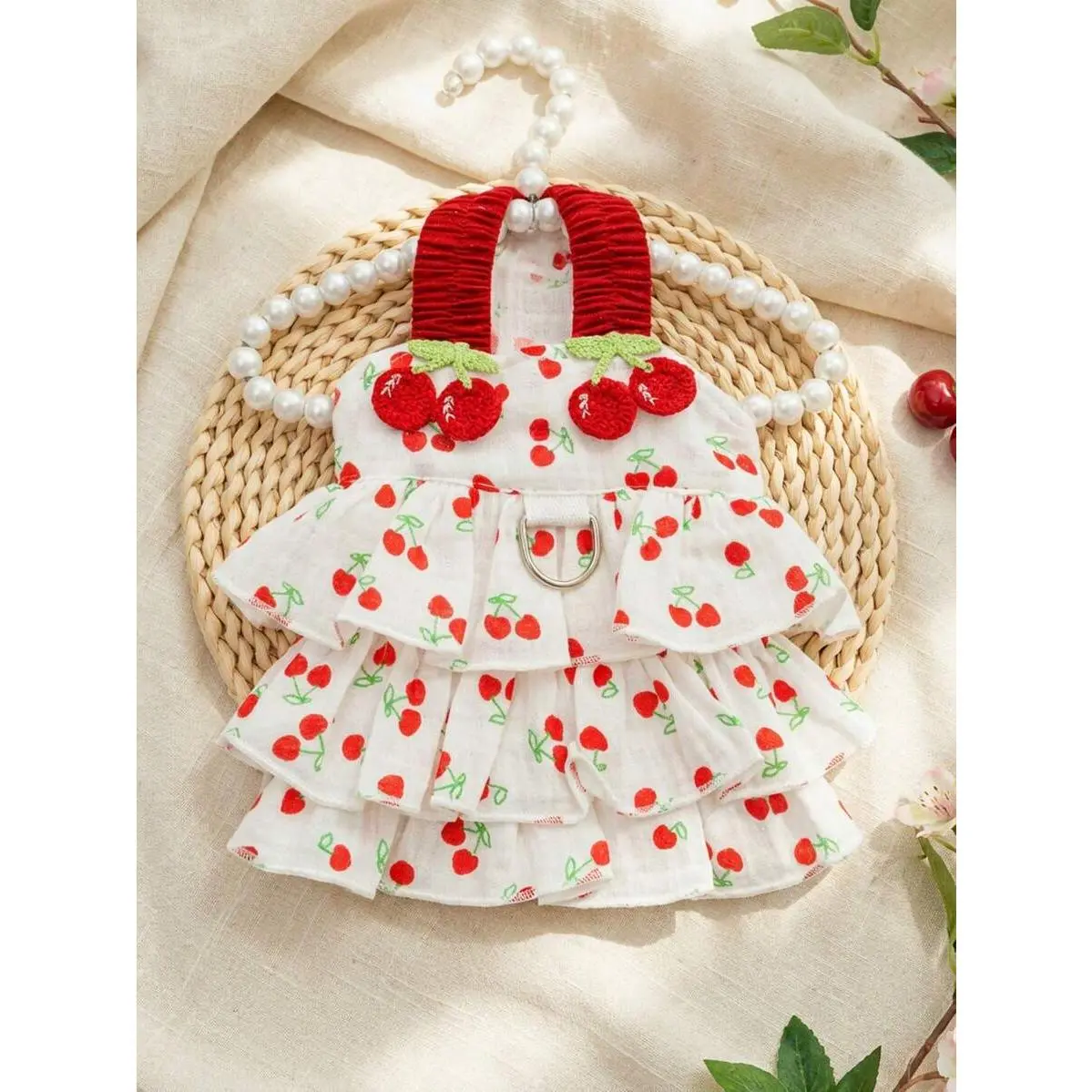 PETSIN 1PC Stylish Cherry Cake Design Pet Dress - Comfortable Fruit and Vegetable Layered Apparel for Small, Medium Breed Dogs & Cats (Summer Use), Polyester Fabric, Layered Dress