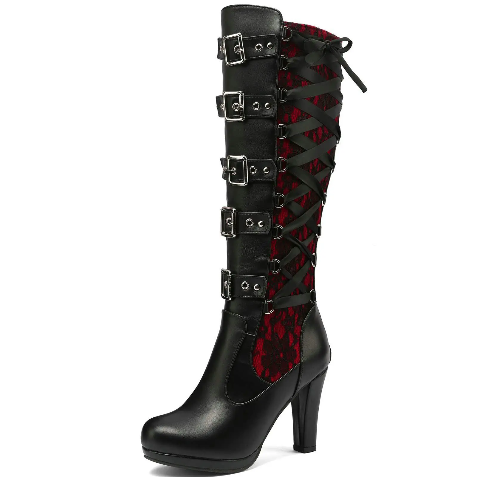 Gothic style high-heeled boots with front pointed buckle design, side-opening zipper, large heel, cowgirl boots, women's denim boots