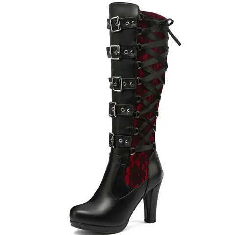 Gothic style high-heeled boots with front pointed buckle design, side-opening zipper, large heel, cowgirl boots, women's denim boots