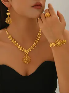 Women's Jewelry Set Necklace Earrings Bracelet Ring Flower Design Elegant Party Wear Accessories for Women Daily Use Gift Ideas Fashion Jewelry Set, Trendy Jewelry Set