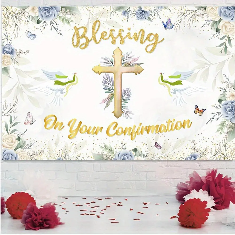 1pc Durable Polyester Confirmation Backdrop Banner - Blessing Photography Prop, Ideal for 1st Religious Baptism, Birthday Decorations