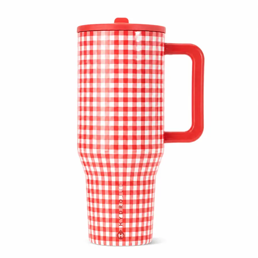 HydroJug 40oz Tall Stylish Plaid Stainless Steel Insulated Flask - Red-White Stripe Checkered Reusable Leakproof Water Bottle for Women, with Straw, Sweat-Free Handle, Lid, Ideal for Gym, Car Hydration