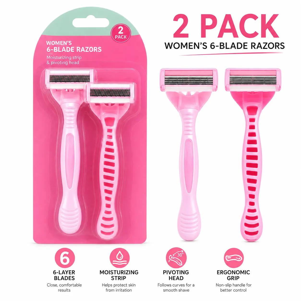 Women's 2-Pack 6-Blade Manual Razors - Hair Removal Tool for Legs & Underarms, Daily Shower Grooming Accessory, Festive Party Bag Gift Option