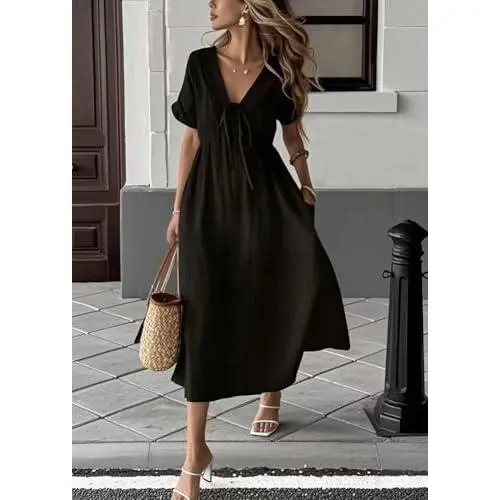 Chouyatou Women's Summer Solid Color V-Neck Cotton Dress Bohemian Style Casual Loose Short-Sleeve Drawstring Beach Dress with Pockets Chouyatou Women's Summer Solid Color V-Neck Cotton Dress Bohemian Style Casual Loose Short-Sleeve Drawstring Beach Dress with Pockets