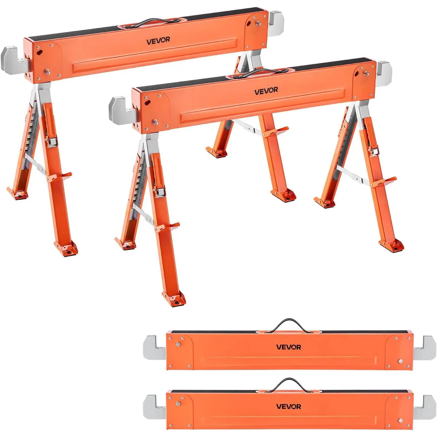 VEVOR Saw Horses, 2 Pack Folding Work Horses, 1800 lbs Load Capacity Sawhorse with Heavy Duty Legs, Adjustable Height Saw Horse with Non-Slip Foot Pads, for Woodworking, Carpenters & Contractors