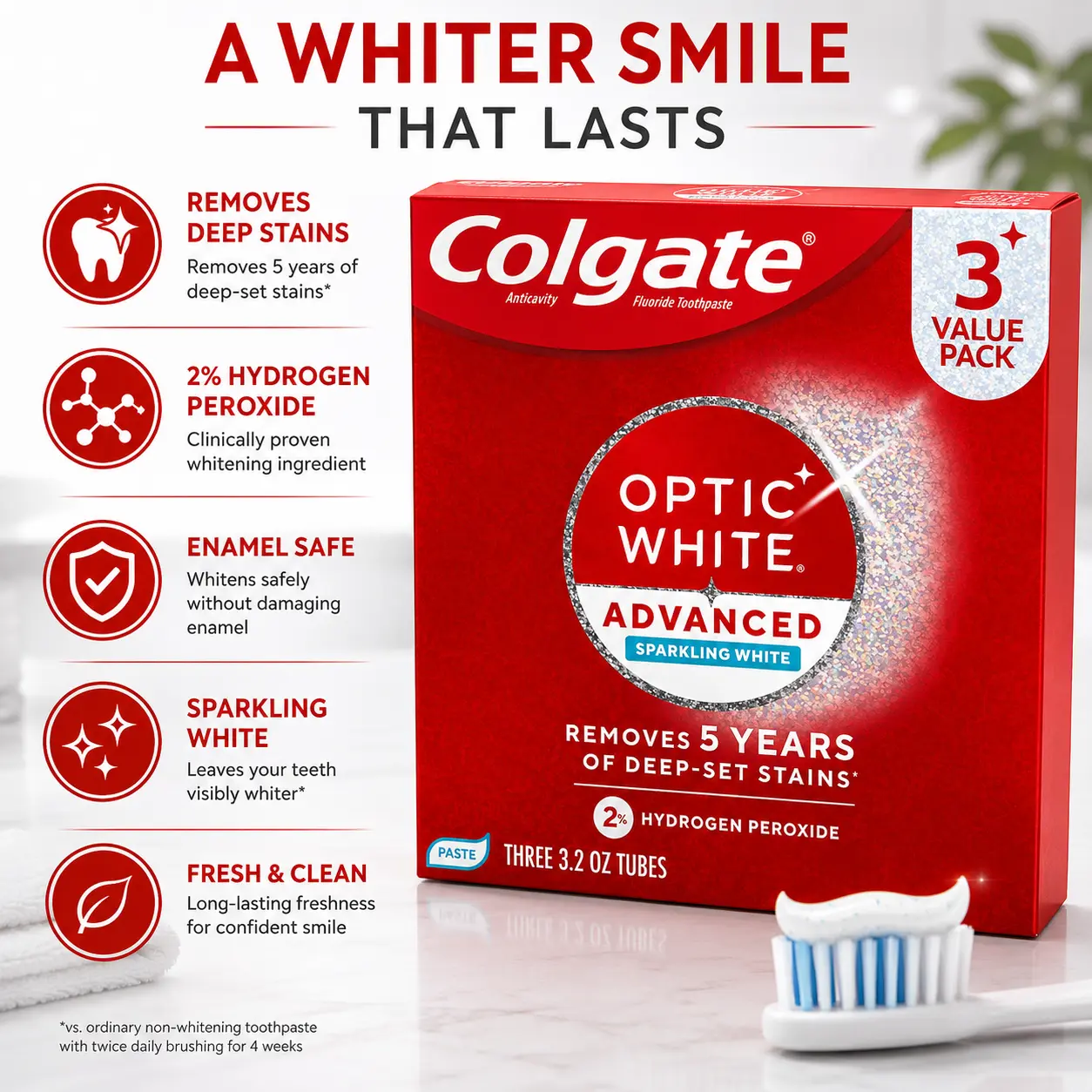 Colgate Optic White Advanced Hydrogen Peroxide Toothpaste, Teeth Whitening Toothpaste Pack, Enamel-Safe Formula, Helps Remove Tea, Coffee, and Wine Stains, Sparkling White, 3 Pack, 3.2 oz