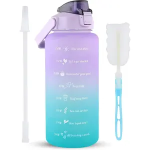 Mint Berry 64 OZ/Half Gallon Water Bottle Jug with Motivational Time Marker Straw with Brush Leakproof BPA Free Reusable, Drink Enough Water Daily for Fitness, Gym, Outdoor Sports Activity (Purple)