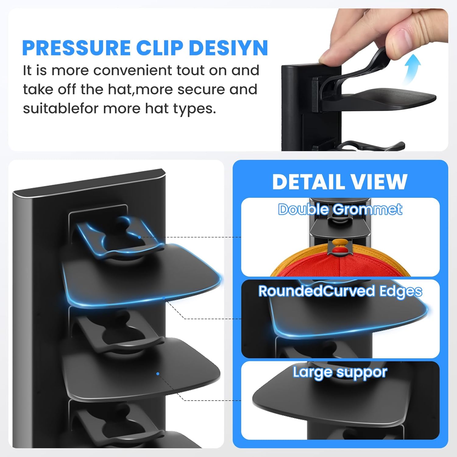 Baseball Cap Storage Rack Wall Mounted - 2-Pack - Holds 40 Caps, Space-Saving Storage and Display Rack - Strong Adhesive Wall Mount - No Drilling Required for Wall and Door Installation (Black)