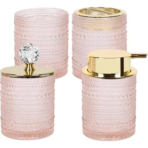 Bathroom Accessories Set,4Pcs Glass Bathroom Accessories,Vanity Bathroom Decor, Soap Dispenser, Toothbrush Holder Set, Apothecary Jar, Gift for Home Apartment (Pink)