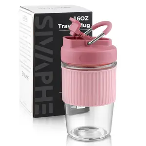 SIVAPHE 16 oz 450 ml Leak-Proof Travel Glass Coffee Mug with Portable Metal Handle Silicate Glass Eco-Friendly BPA-Free Ideal for Camping Car Use School Reusable Bottle with Lid Drinkware