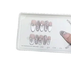 Hand-Painted Peach Blossom Diamonds Embossed Butterflies Silver-White Gradient Halo Acrylic False Nails Press-Type Detachable Reusable Nail Patches XS S M L press-on nail collection Plastic Fake Fingers with Acrylic Nails