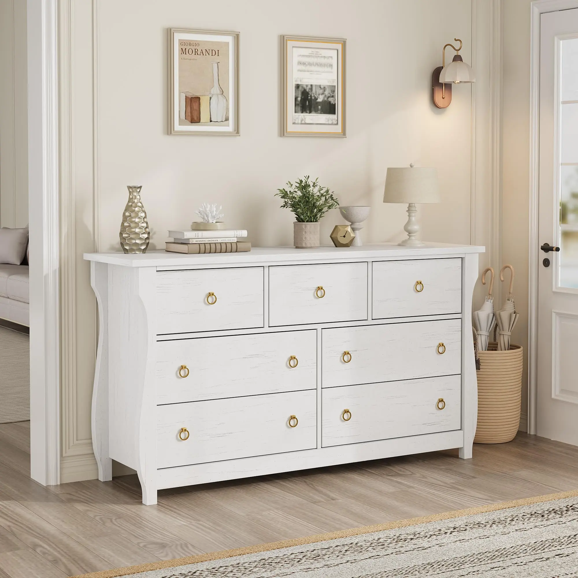 Bedroom Dresser - MDF Wood 54-Inch Wide Single Unit Drawer Chest with 7/6 Extra-Deep Drawers, Black Ring Pull Handles, White Storage Organizer for Living Room