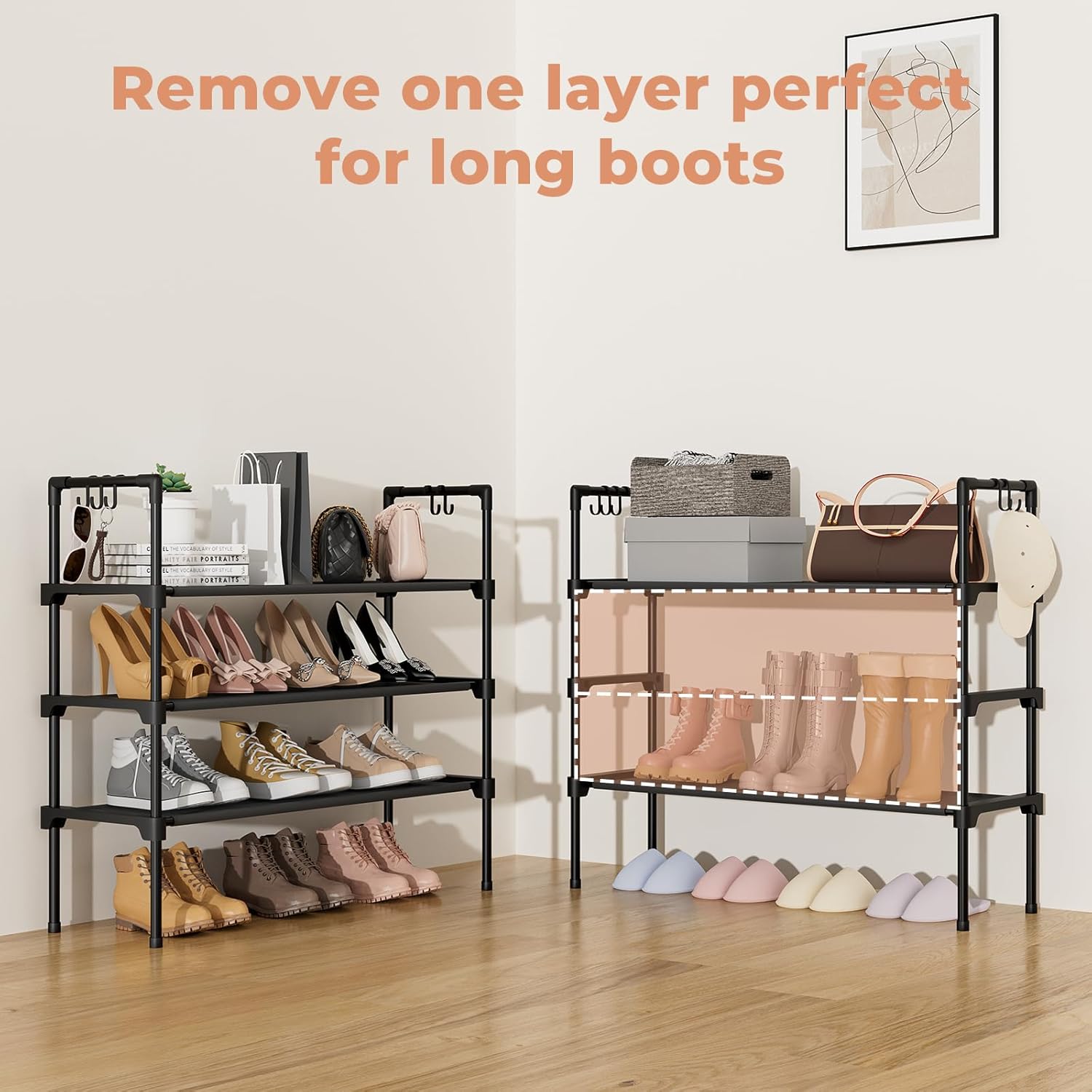 3 Tier Shoe Rack for Closet, Shoe Organizer with 5 Hooks, Long Shoe Shelf Storage for Sneaker and Boot Stackable Free Standing Shoe Rack for Entryway, Garage, Small Spaces, Dorm 3 Tier Shoe Rack for Closet, Shoe Organizer with 5 Hooks, Long Shoe Shelf Storage for Sneaker and Boot Stackable Free Standing Shoe Rack for Entryway, Garage, Small Spaces, Dorm