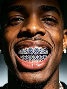 Hip Hop Full Diamond Blue Drill Dental Retainer, Rap Singer Gold Plated Diamond Grillz, Trendy Teeth Decoration, Silver Color